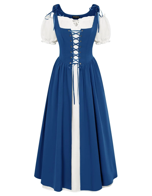 Scarlet Darkness Women Renaissance Dress Peasant Medieval Dress Short Sleeve Maxi Dress, Royal Blue, S