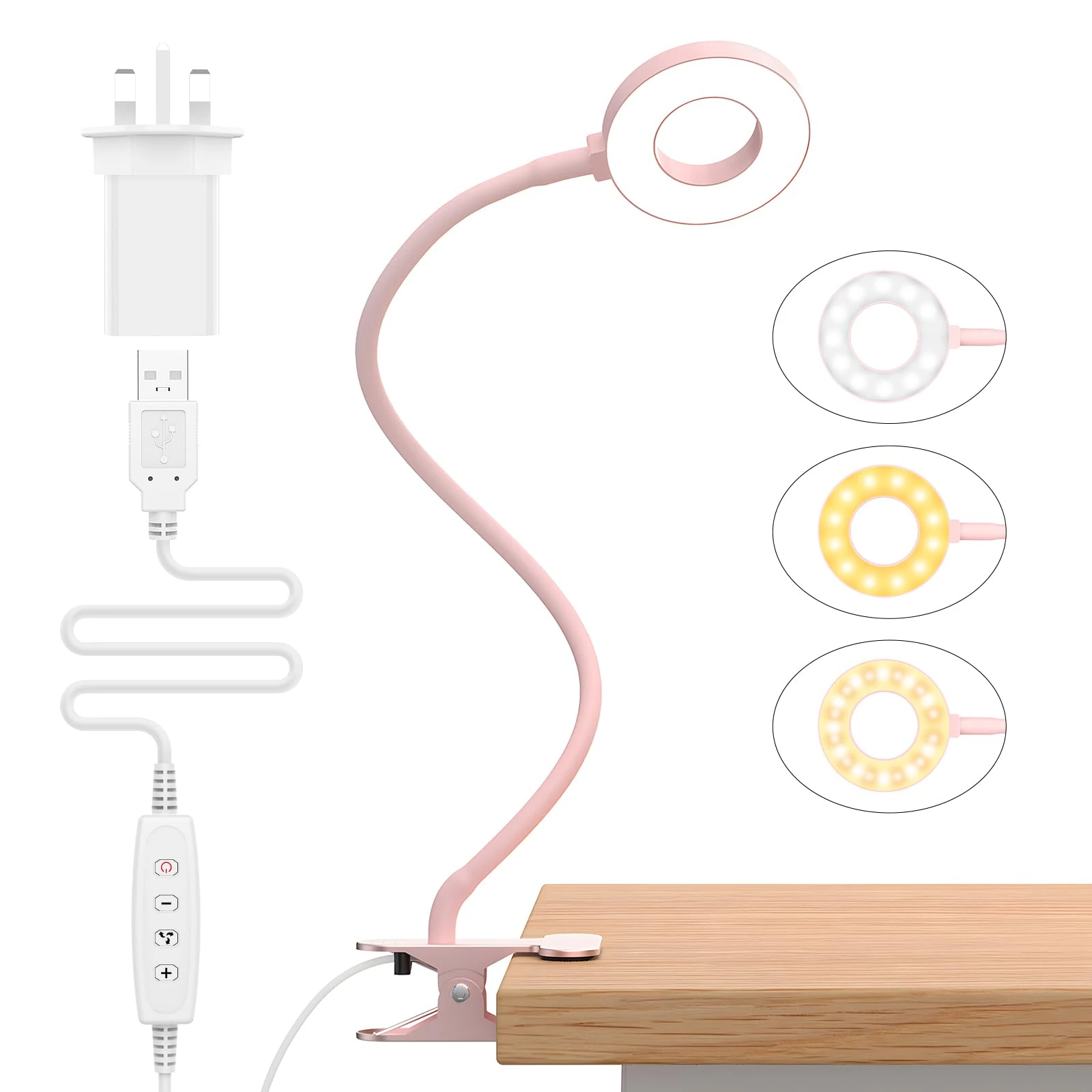 iZELL LED Desk Lamp with USB Adapter3 Color Modes 10 Brightness Eye Caring Clip on Clamp Light, 40cm Flexible Arm Book Ring Light for Gaming/Video Conference/Reading, Clip on Table, Headboard