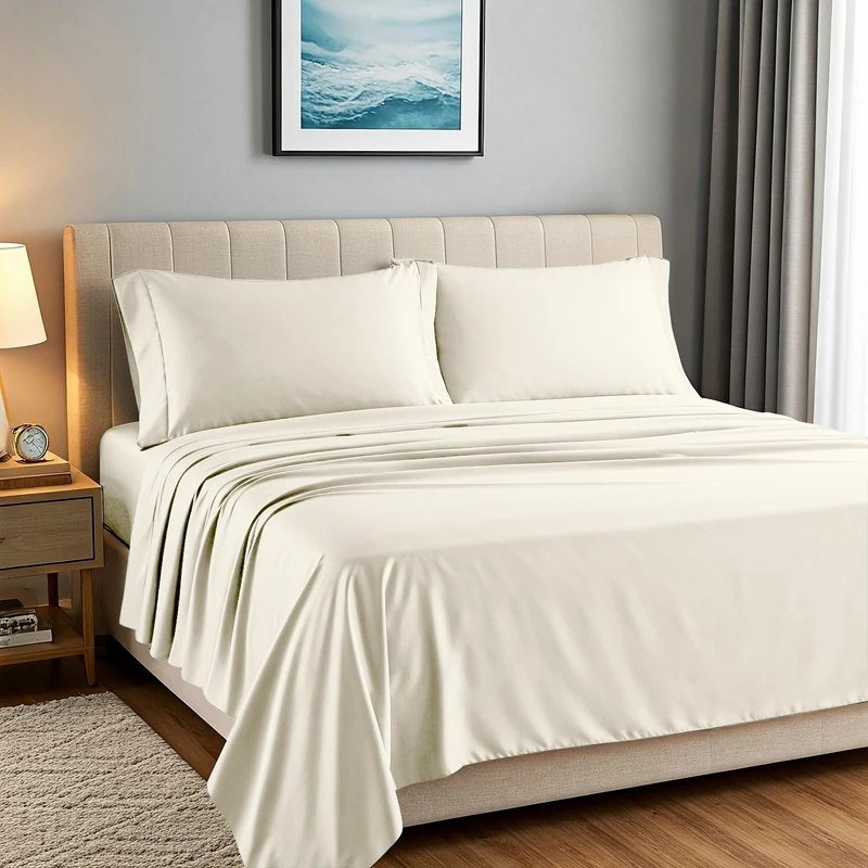 Carressa Linen 100% Egyptian Cotton Sheets Queen Size Bed Set - Luxury 1500 High Thread Count Egyptian Cotton Queen Sheet Set (4 PC, Ivory), 17" Deep Pocket, Silky Soft, Cooling, Sateen Weave Bedding
