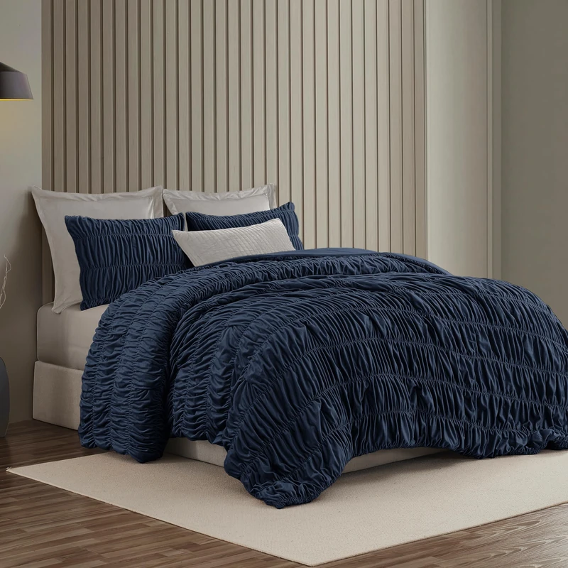 Wonderful Luxury Ruched Velvet King Size Navy Quilt Set, Handcrafted Quilted 3 Piece Ruffle Crinkle Striped Reversible, Cotton-Like Feel, Fluffy Lightweight Comforter Bedding Set