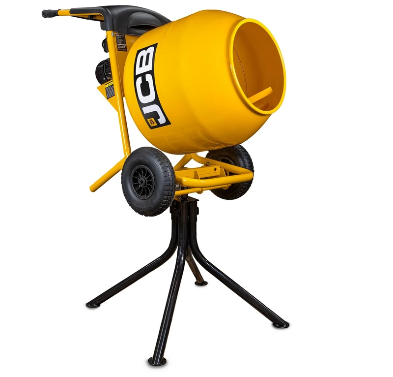 JCB Electric Cement Mixer 550W 110V 134L Drum Seam Welded Tip Up Concrete Mortar, 2 Welded Paddles, 100L Mixing Capacity, Three Positions, Removable Stand, 3 Year Warranty