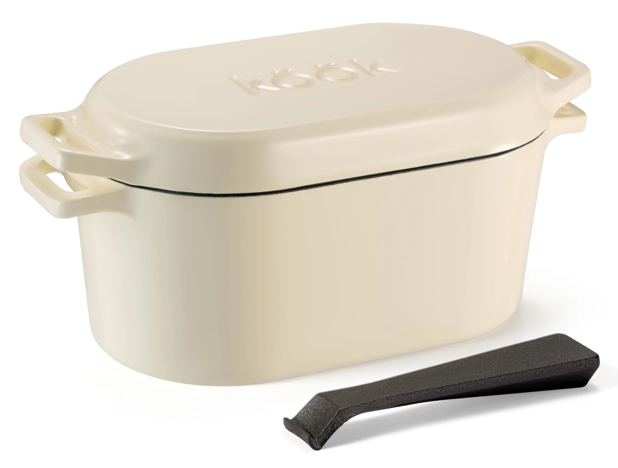 KooK Dutch Oven, Oven for Sourdough Bread Baking, with Lid, Dual Handles, Enameled Cast Iron, includes Lid Lever (Ivory)