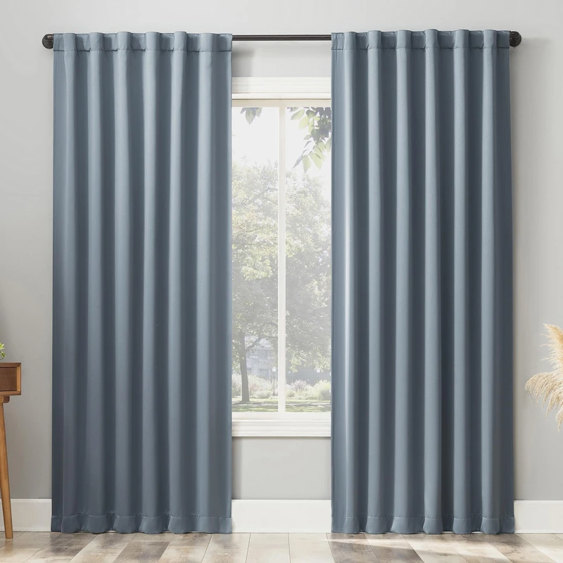 Sun Zero Belize 2-Pack Magnetic Closure Pleated Look Theater Grade 100% Blackout Back Tab Curtain Panel Pair, 52" x 84", Denim Blue
