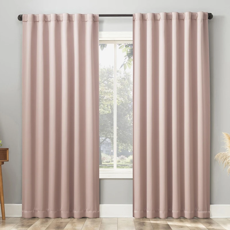 Sun Zero Belize 2-Pack Magnetic Closure Pleated Look Theater Grade 100% Blackout Back Tab Curtain Panel Pair, 52" x 63", Blush