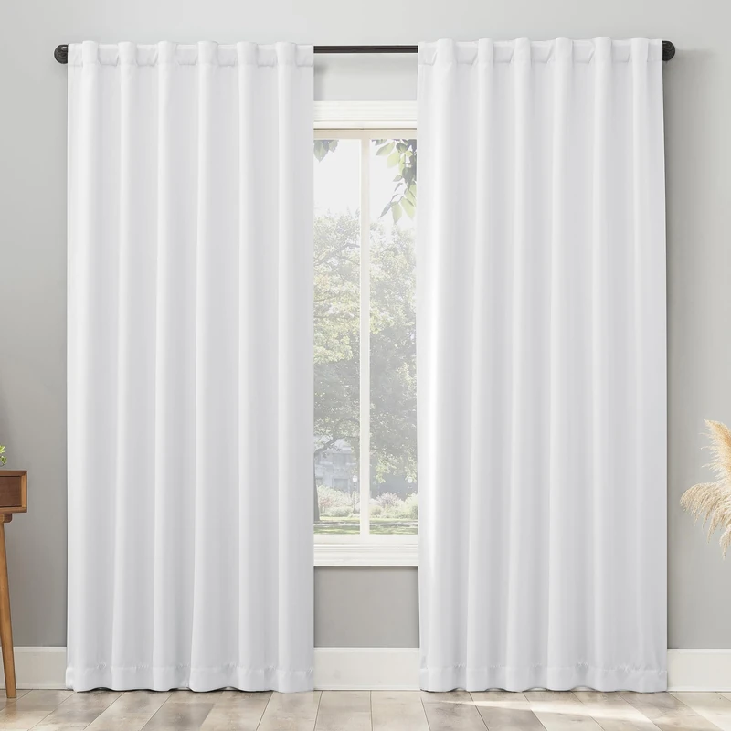 Sun Zero Belize 2-Pack Magnetic Closure Pleated Look Theater Grade 100% Blackout Back Tab Curtain Panel Pair, 52" x 84", White