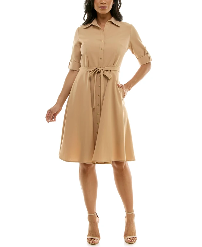 SHARAGANO Women's Button Front Pleated Shirt Casual Dress, Hazelnut, 14