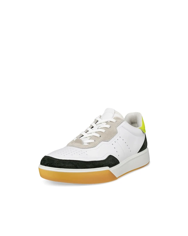 ECCO Men's Street Court Lace Sneaker, Peat/White/Lime Punch, 7/7. 5 UK