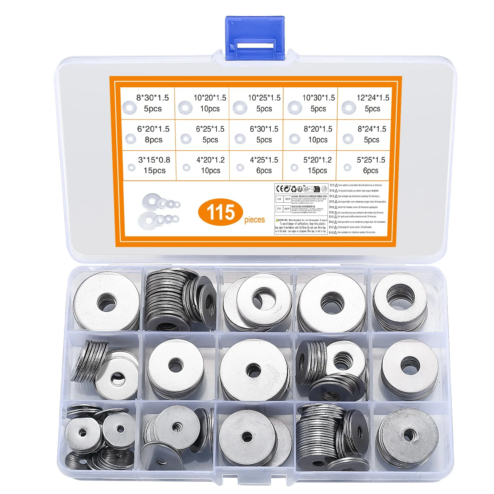 115 Pcs Large Flat Washer Set, Stainless Steel Washers, Lock Washers Assortment Kit, Metal Disc Nuts, 15 Sizes M3/M4/M5/M6/M8/M10/M12 (115 silver)