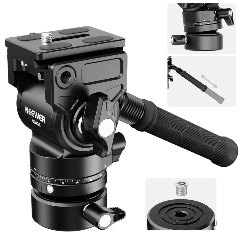 NEEWER Tripod Fluid Head with +/-7° Leveling Base (φ48mm), Metal Mini Pan Tilt Video Head Mount with Arca Type QR Plate, Telescopic Handle for Compact Video Camera DSLR Camera, Max Load 11lb/5kg, GM35