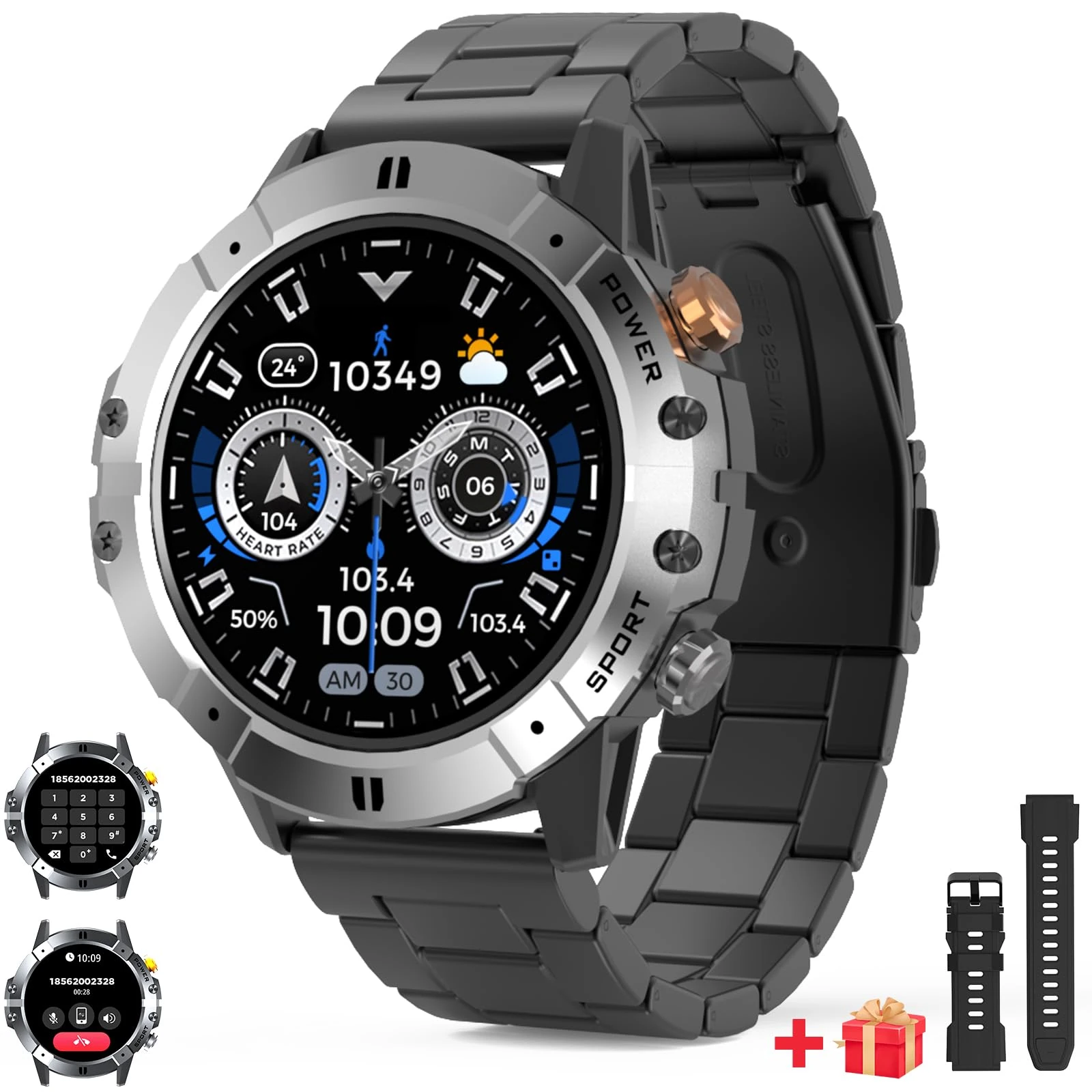 Military Smart Watch for men with calls,1.52'' round HD display sport Fitness tracker with HR Monitor Ai Voice Assistant 1ATM waterproof,100+ Sport modes smartwatch with Steel straps for Android IOS