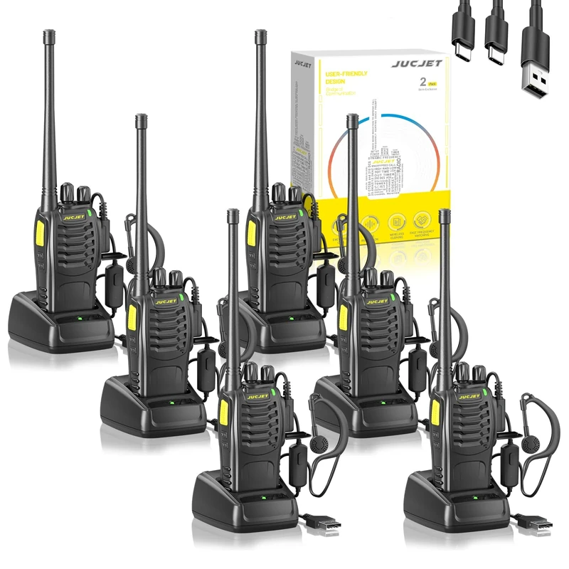 JUCJET 888HD Walkie Talkie, 16 Channels, Includes Original Headset, Type-C Cable, USB Charging Dock, Featuring One-Click Pairing, Voice Noise Reduction, and Digital Encryption Communication (6-Pack)