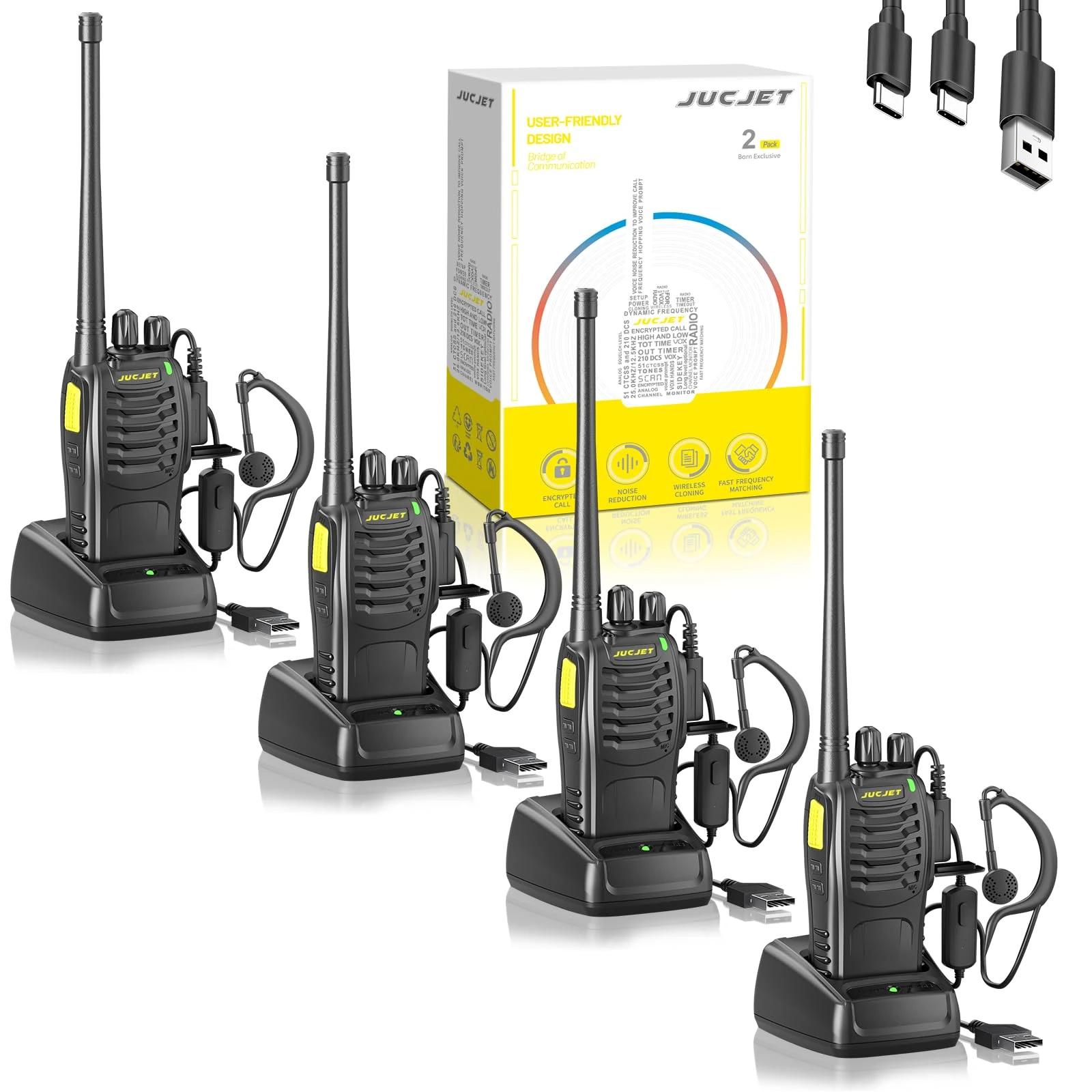JUCJET (4-Pack) 888HD Walkie Talkies, Includes Original Headsets, Type-C Cable, USB Charging Dock, Features One-Click Pairing, Voice Noise Reduction, and Digital Encryption Communication Function