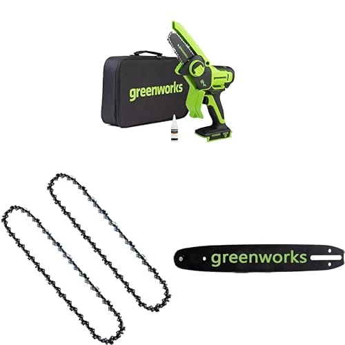 Greenworks 24V Mini Chainsaw 4 Inch (10cm) Cordless Battery Powered Chainsaw Without Battery & Charger + Chain 2 Pack for 4-Inch (10cm) Bar+ Chain bar 2954807 fits for 4-Inch (10cm) Mini Chainsaw