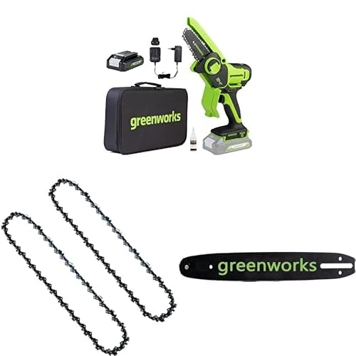 Greenworks 24V Mini Chainsaw 4 Inch (10cm) Cordless Battery Powered Chainsaw with 2Ah Battery+ Chainsaw Chain 2 Pack + Chain bar 2954807 fits for 4-Inch (10cm) Mini Chainsaw G24MCS10