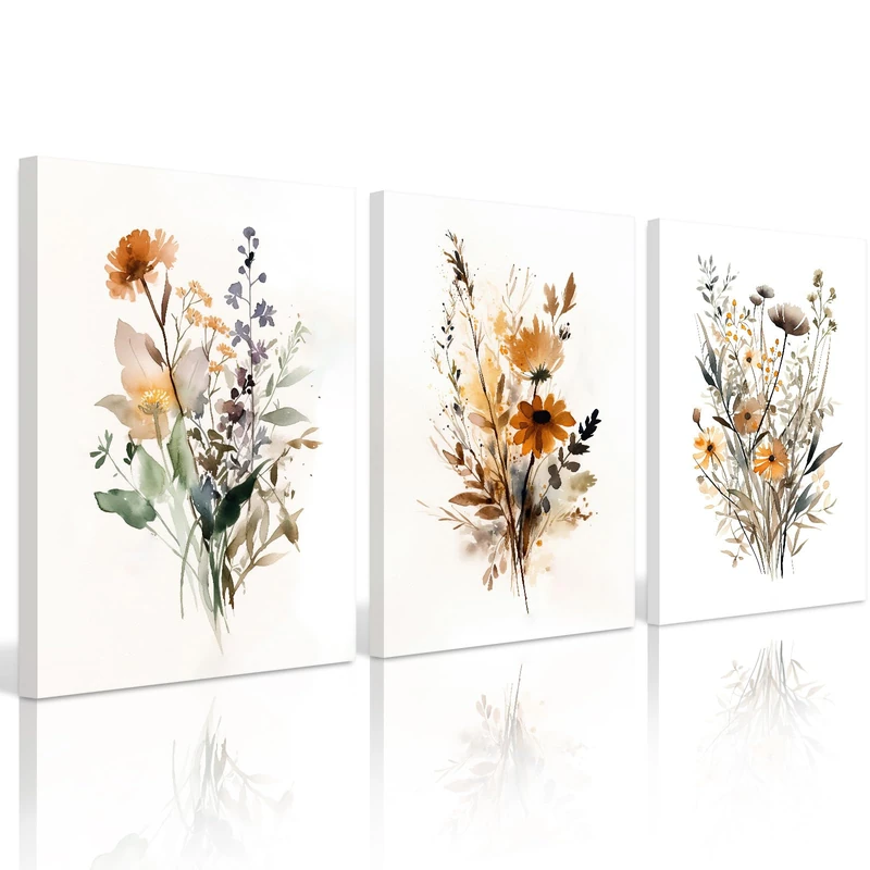 Botanical Wall Art Set of 3 Floral Wall Decor Prints Vintage Canvas Wall Art Wildflower Watercolor Pictures Farmhouse Artwork Floral Modern Painting for Bathroom Bedroom 16x24 Inch Framed