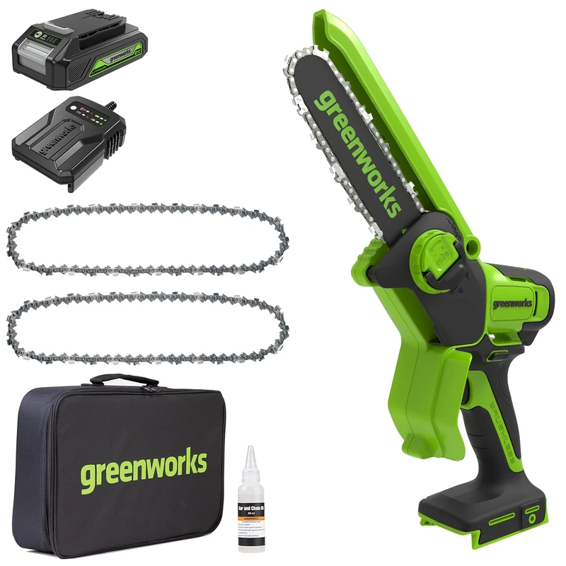 Greenworks 24V Mini Chainsaw 4 Inch (10cm) Cordless Battery Powered Chainsaw with 2Ah Battery+Chainsaw Chain 2 Pack for 4-Inch (10cm) Mini Chainsaw G24MCS10