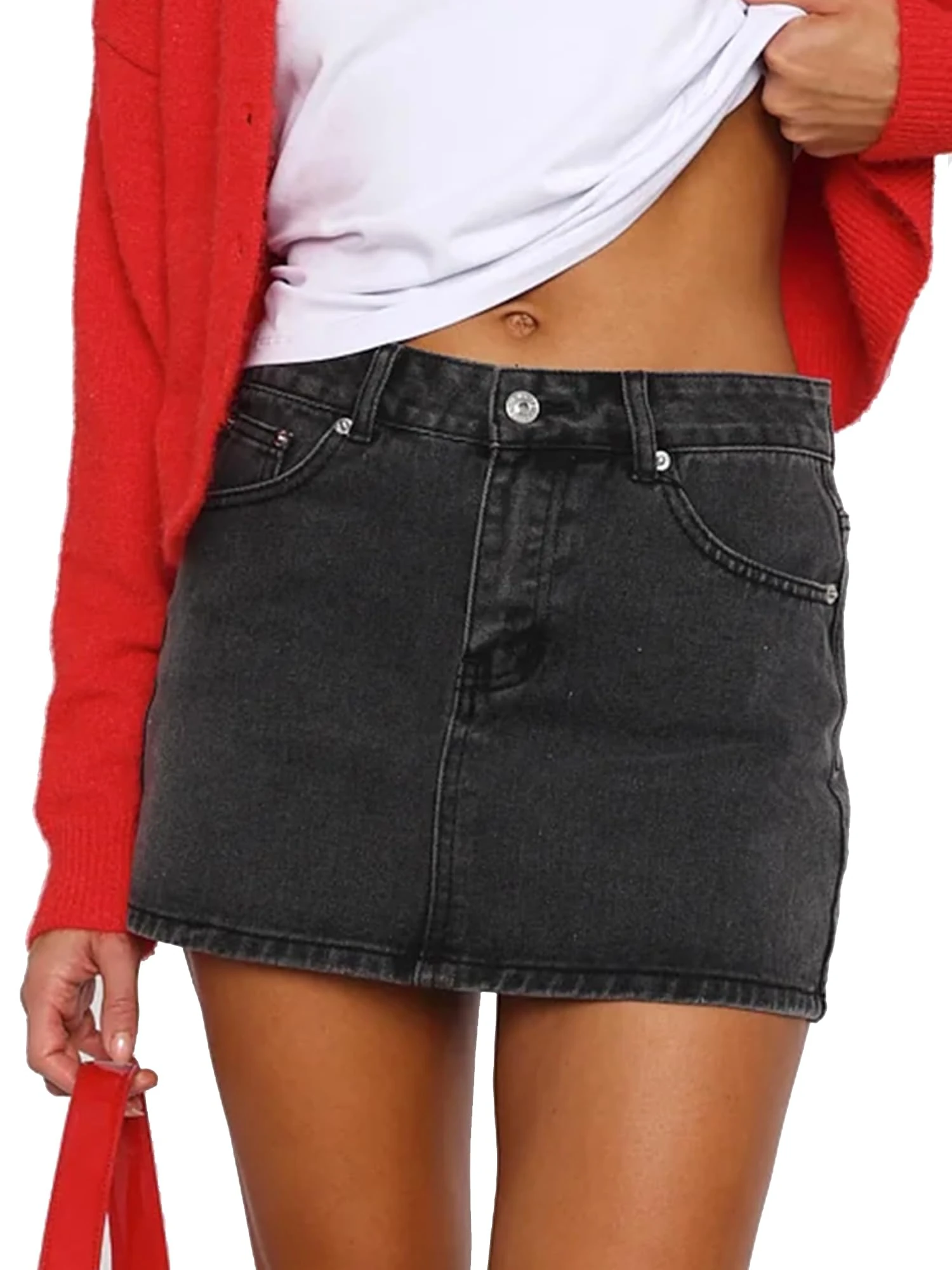 LSFYSZD Women’s Bodycon Denim Short Mini Skirts High Waist Casual Washed Stretchy Jean Skirts with Pockets (Black, S)