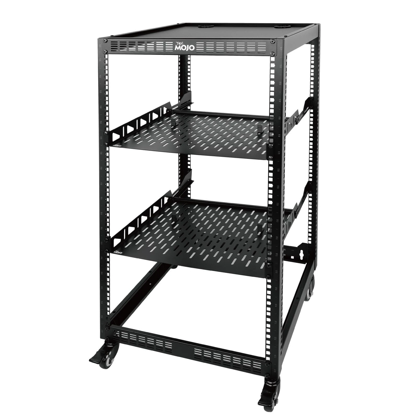Tecmojo 20U Open Frame Server & AV Rack, 4-Post Mobile Network Rack with Casters, 2x 1U Shelves, Mounting Hardware for 19” Servers, Network & Audio Gear