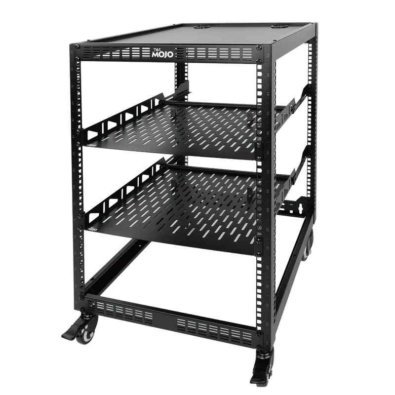 Tecmojo 16U Open Frame Network Rack for Servers and AV Gear, Mobile Server Rack 4-Post with casters, with 2pcs 1U Shelf and Mounting Hardware, AV Rack for 19" Network, Server, and Audio equipments