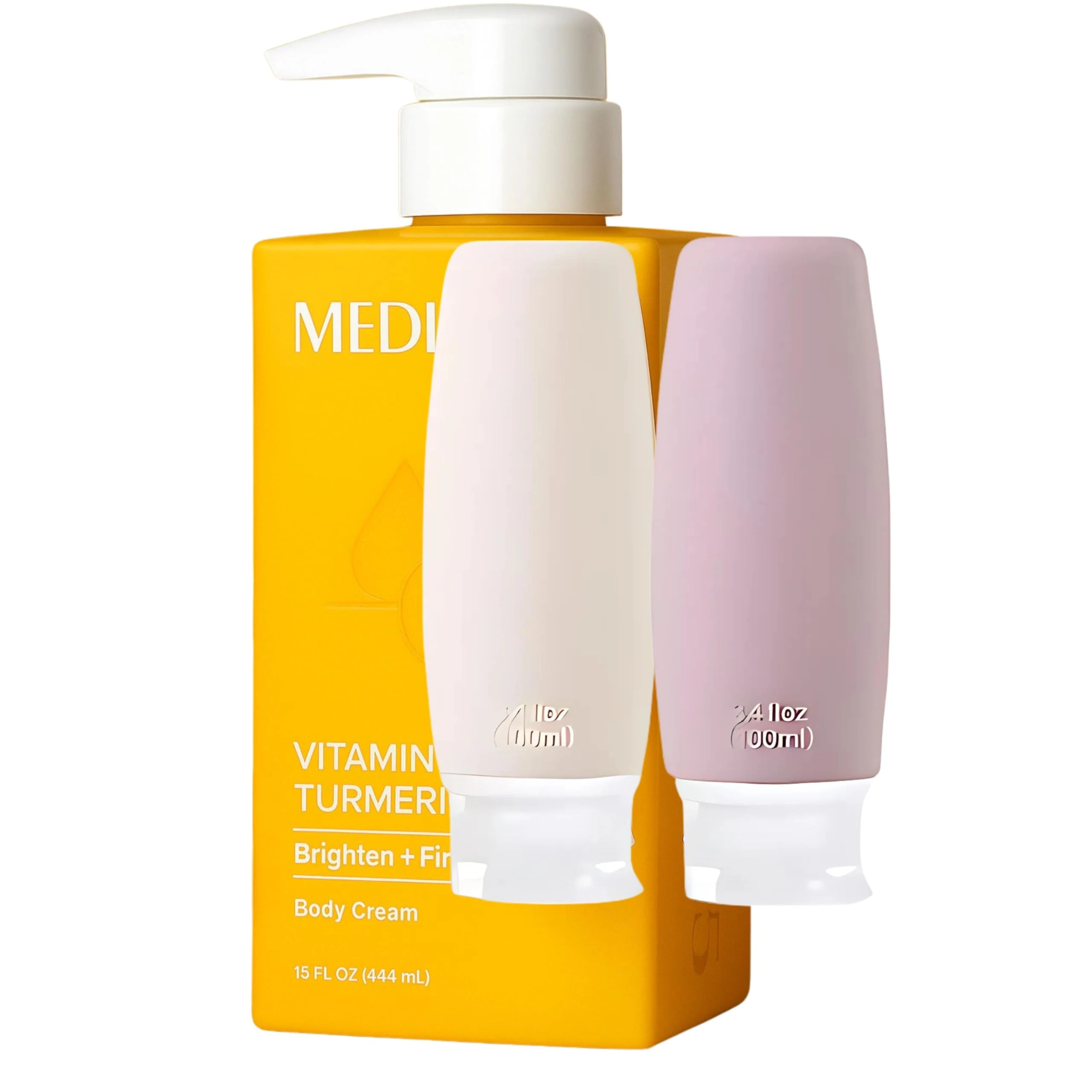 MED Vitamin C + Turmeric Body Cream – Firming & Brightening Moisturiser for Uneven Skin Tone, Age Spots & Sun Damage | With Shea Butter & Aloe Vera – 2 Travel Bottles | Skincare Set + Prosperina Card