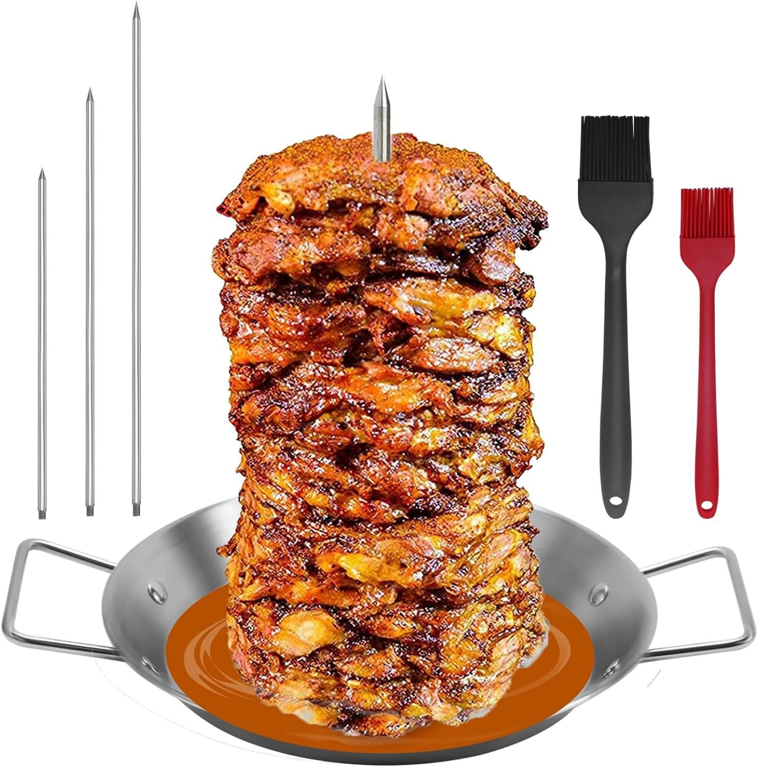 Vertical Meat Skewer Stainless Steel Vertical Skewer Grill Rack Stand with 2 Brushes and 3 Removable Sizes (8, 10, and 12-inch)