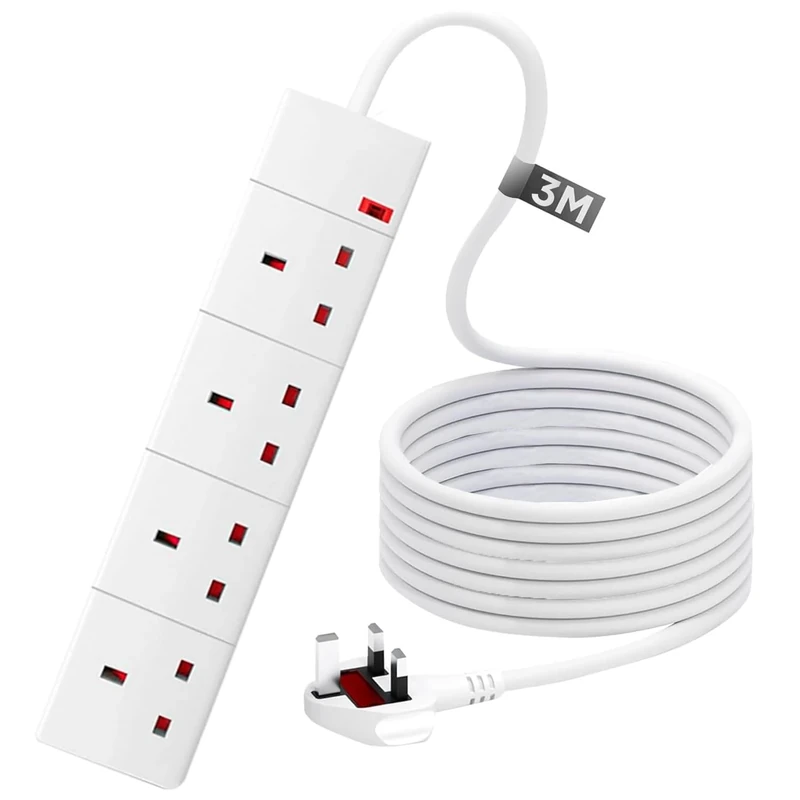 Extension Lead 3m Surge Protected Extension Cable 4 Way Long UK Plug Extension Socket, Multi Plug Extension Cord Heavy Duty Power Strip for Home, Bedroom, Kitchen & Office
