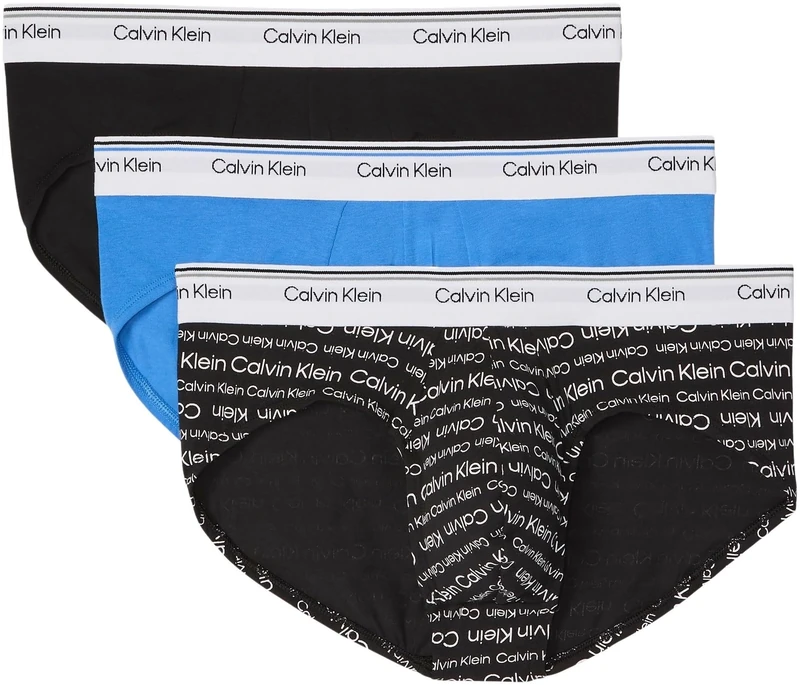 Calvin Klein Men’s 3 Pack Balance Hipster Briefs with Logo Waistband, Multicolor (Black/Wrapped Logo_Black/Regatta), XL