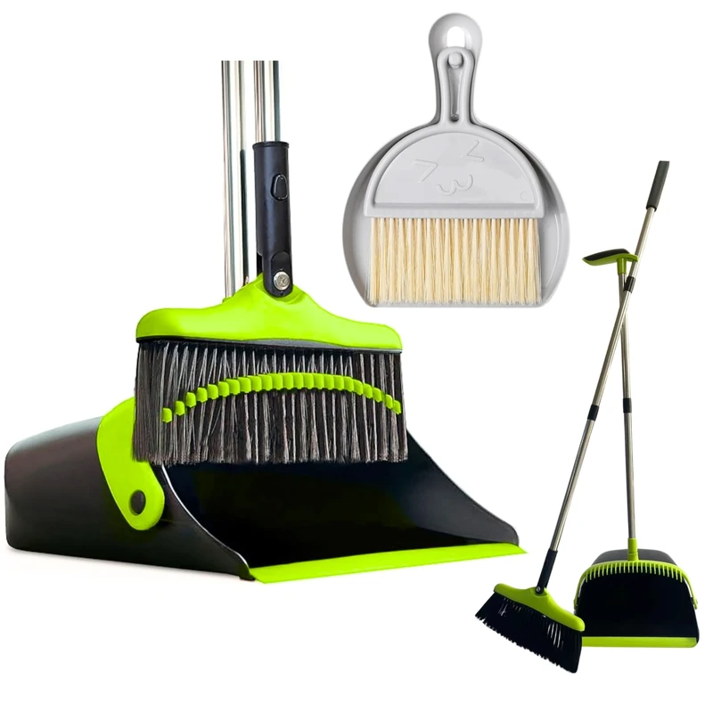 FLOORINGTON Long Handled Dustpan and Brush Set Upright Broom with Soft Bristles & Durable Dustpan for Indoor and Outdoor Cleaning Includes Free Mini Dustpan & Brush Set (Green & Black)