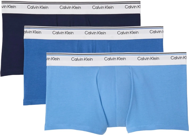 Calvin Klein Men’s 3 Pack Balance Low Rise Trunks, Multicolor (Faded Denim/Bold Track Logo/Shorel), XL