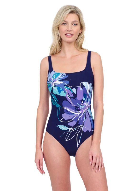 Gottex Women's Water Lily Black Square Neck One Piece Suit Swimsuit, Blue, 10