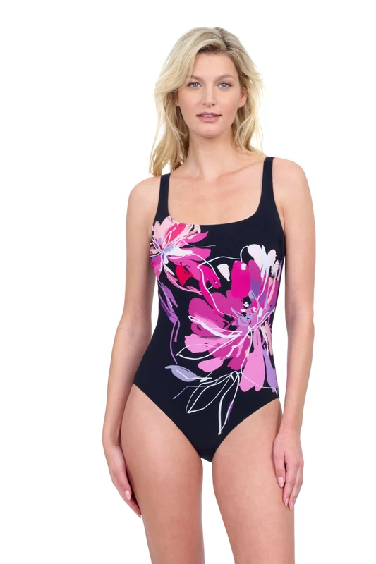Gottex Water Lily Floral Print Women’s Square Neck One Piece Stylish Elegant Versatile Bathing Suit Swimsuit Essential, Black, 10