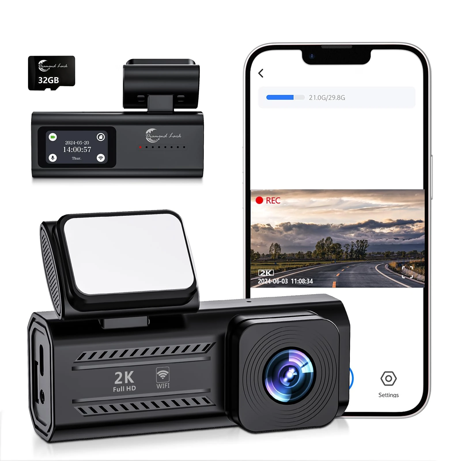 Diamond Lark 2K Front Dash Cam with WiFi, 1440P Car Camera Dashcam with 32GB SD Card, 1.47” LCD Screen, APP Control, 170°Wide Angle, 24H Parking Mode, G-sensor, Loop Recording, Detachable Bracket