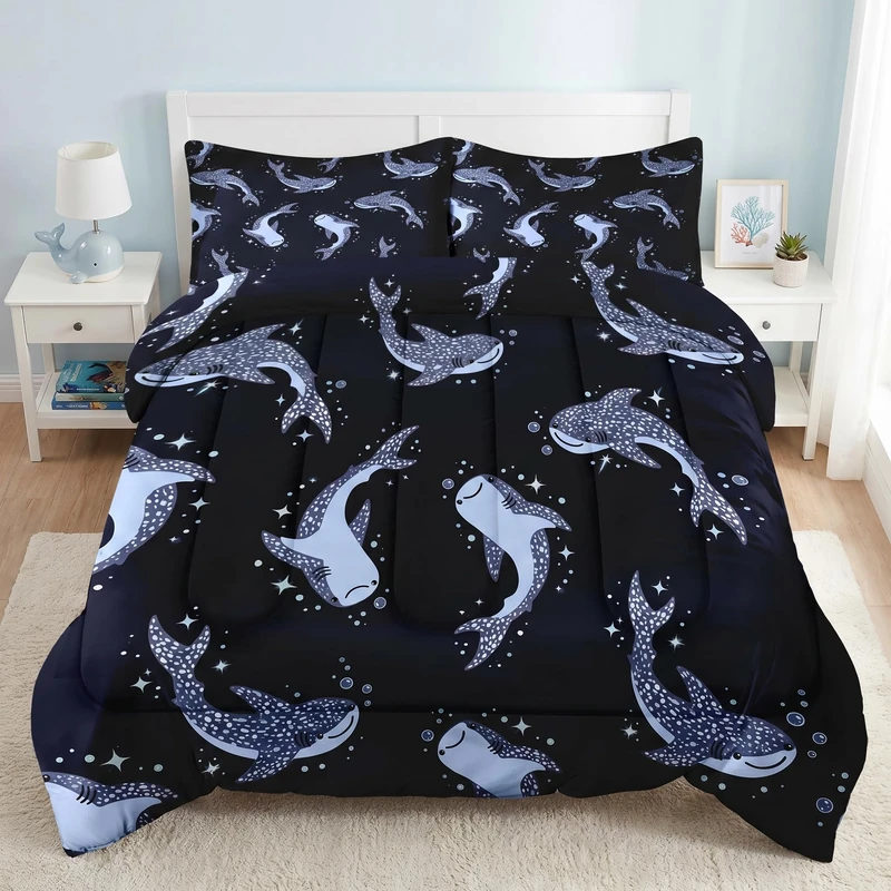 Pamnest Comforter Set Queen Size, Animal Sea Fish Bedding Set for Kids and Adults, Whale Navy Blue Comforter Set with 2 Pillowcases, for Bedroom Bed Decor