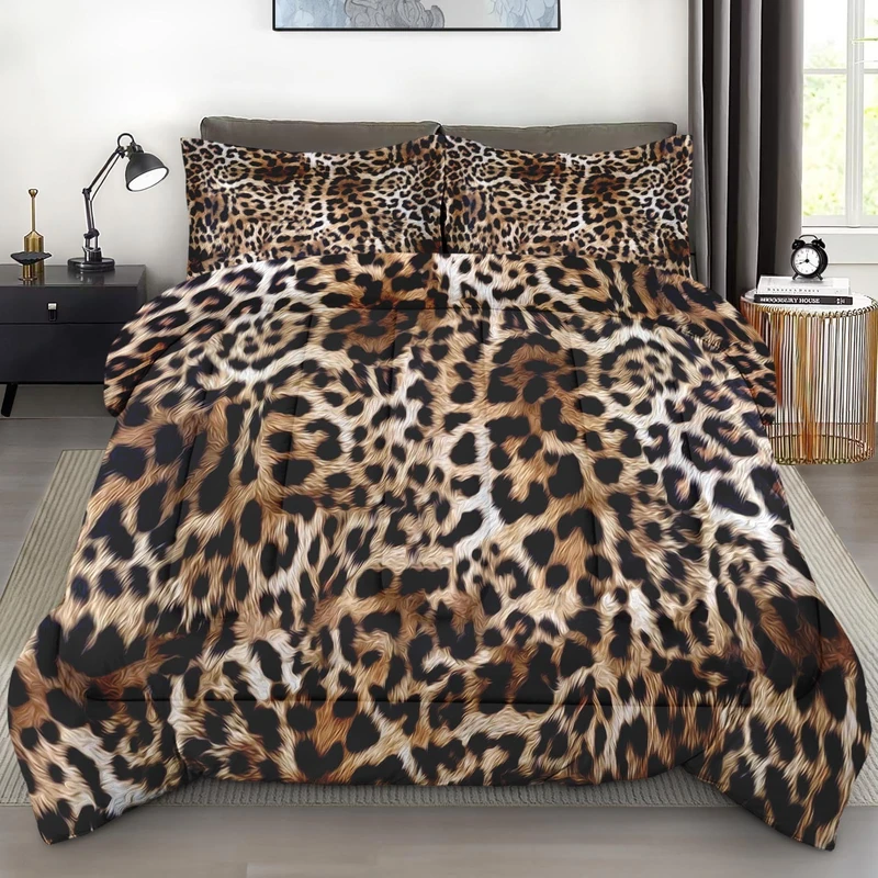 Pamnest Comforter Set Queen Size, Leopard Cheetah Animal Retro Bedding Set for Kids and Adults, African Cat Comforter Set with 2 Pillowcases, for Bedroom Bed Decor