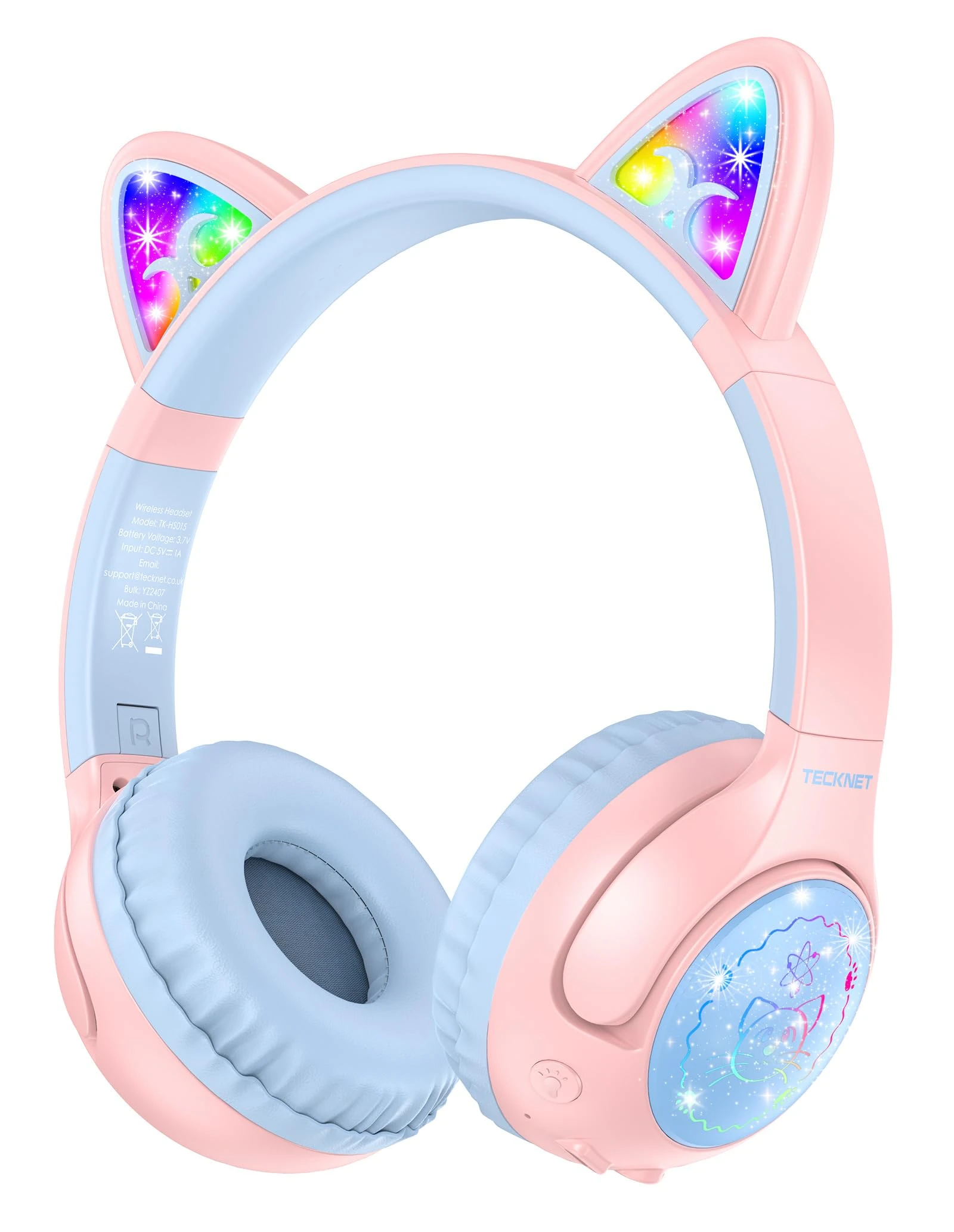 TECKNET Kids Headphones Wireless LED Lights Cat Ear,Kids Bluetooth Headphones Safe Volume 74/85/94 dBA,70H Playtime,Type-C,Bluetooth 5.3,AUX,Over-Ear Toddler Headphones Built-in Mic School/Tablet/PC