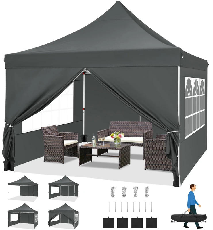 TOOLUCK 10x10 Pop Up Canopy Tent with Sidewalls, Waterproof Commercial Party Tent Ez Instant Shelter 50+ UV Shelter, Garden Tents for Parties, Camping with Sandbags, Gray - Image 1