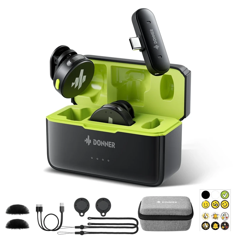 Donner Wireless Lavalier Microphone VPM-20 Mobile Vesion for Type-C iPhone iPad Android, with Charging Box, Dual-Channels Mics, Plug-Play, 1000ft Range, 48KHz 24Bit, Noise Cancellation, 40h Use Max