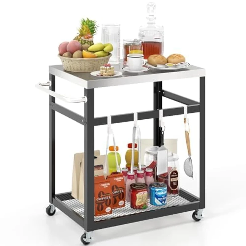 Outdoor Barbecue Table, Barbecue Trolley with 2 Shelves & 4 Wheels & Handle & 4 Hooks, Pizza Table Side Table Serving Trolley for Backyard, Garden, Patio (2 Shelves)