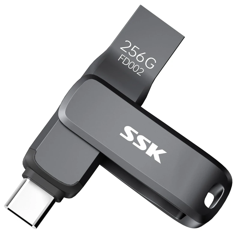 SSK 256GB USB3.2 Thumb Drive, Up to 200 MB/S Read Speed Memory Stick, Dual USB Flash Drive with USB-Type-C and USBA,Robust Black Metal Pen Drive for Smartphones, Tablets, MacOS,computers,Car, TV