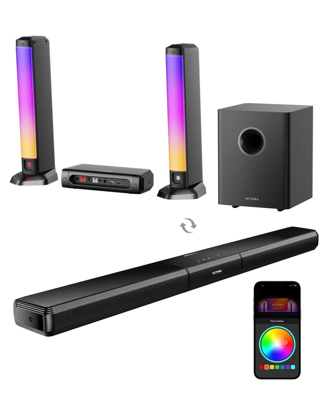 ULTIMEA 5.1ch Sound Bar w/Dolby Atmos, Surround Sound System Soundbar for Smart TV with Subwoofer, Detachable PC Soundbar with RGB Light, App Control, 320W Peak Power, HDMI eARC/OPT/AUX/BT, Apollo S80