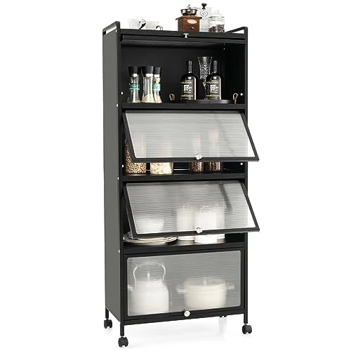 Generisch Tall Kitchen Shelf, Kitchen Cabinet with Wheels, 5 Tiers, Microwave Stand with Hinged PC Doors & Tilt Protection, Standing Shelf, Tall Cabinet, for Kitchen, Dining Room, Living Room (Black) - Image 1