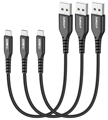 SUNGUY Micro USB Cable 1FT [3Pack], Short USB-A to Micro USB Cable Fast Charging USB 2.0 Data Transfer Nylon Braided for Samsung Galaxy S7 Edge S6, Power Bank, Android Phone, PS4, Black