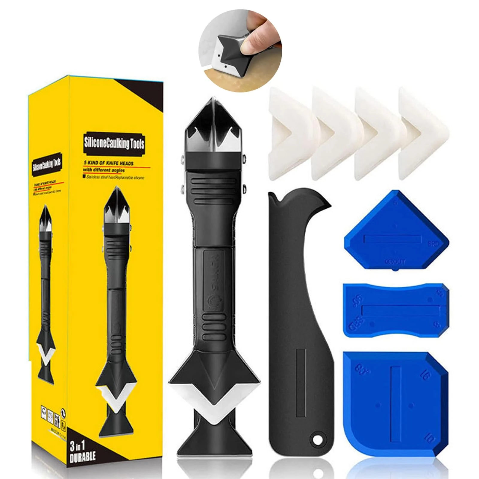 Lookka 3 in 1 Caulking Tool Set - Silicone Remover with Stainless Head & 5 Silicone Pads, For Kitchen Bathroom Floor Corner (10pcs)