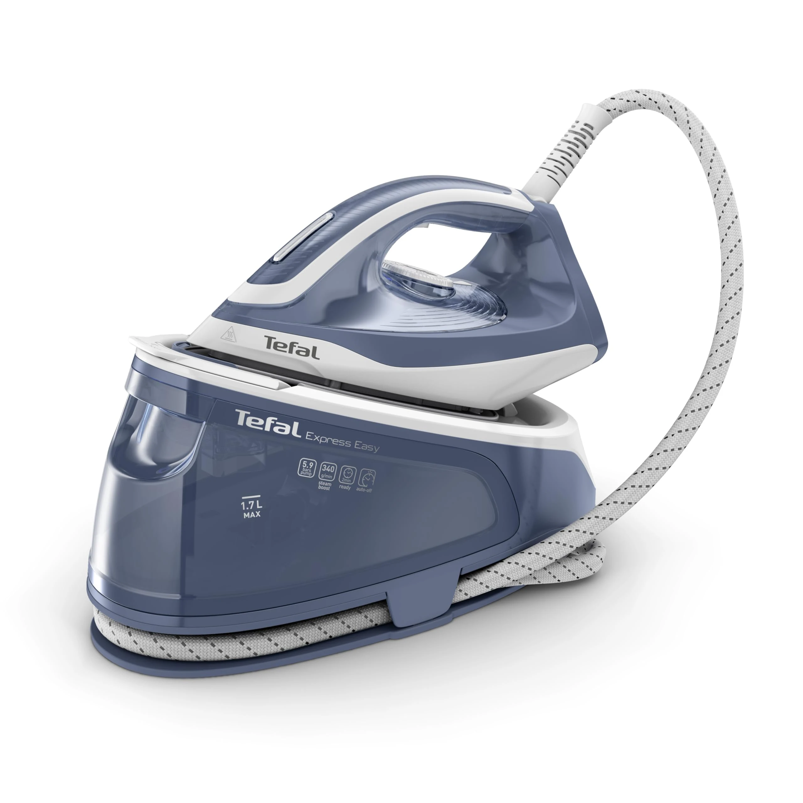 Tefal Express Essential Steam Generator Iron, 120 g/min Steam Output, Xpress Glide Soleplate, 340 g/min Steam Boost, 5.9-Pump Bars with Scale Rinsing System, White and Blue, (SV6132G0)