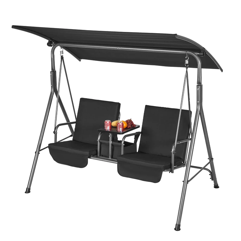 VEVOR Outdoor Patio Adjustable Canopy, Porch Swing with Storage Bag and Rotating Tray, Oxford Fabric and Alloy Steel Frame, for Balcony, Backyard, Poolside, Black, L