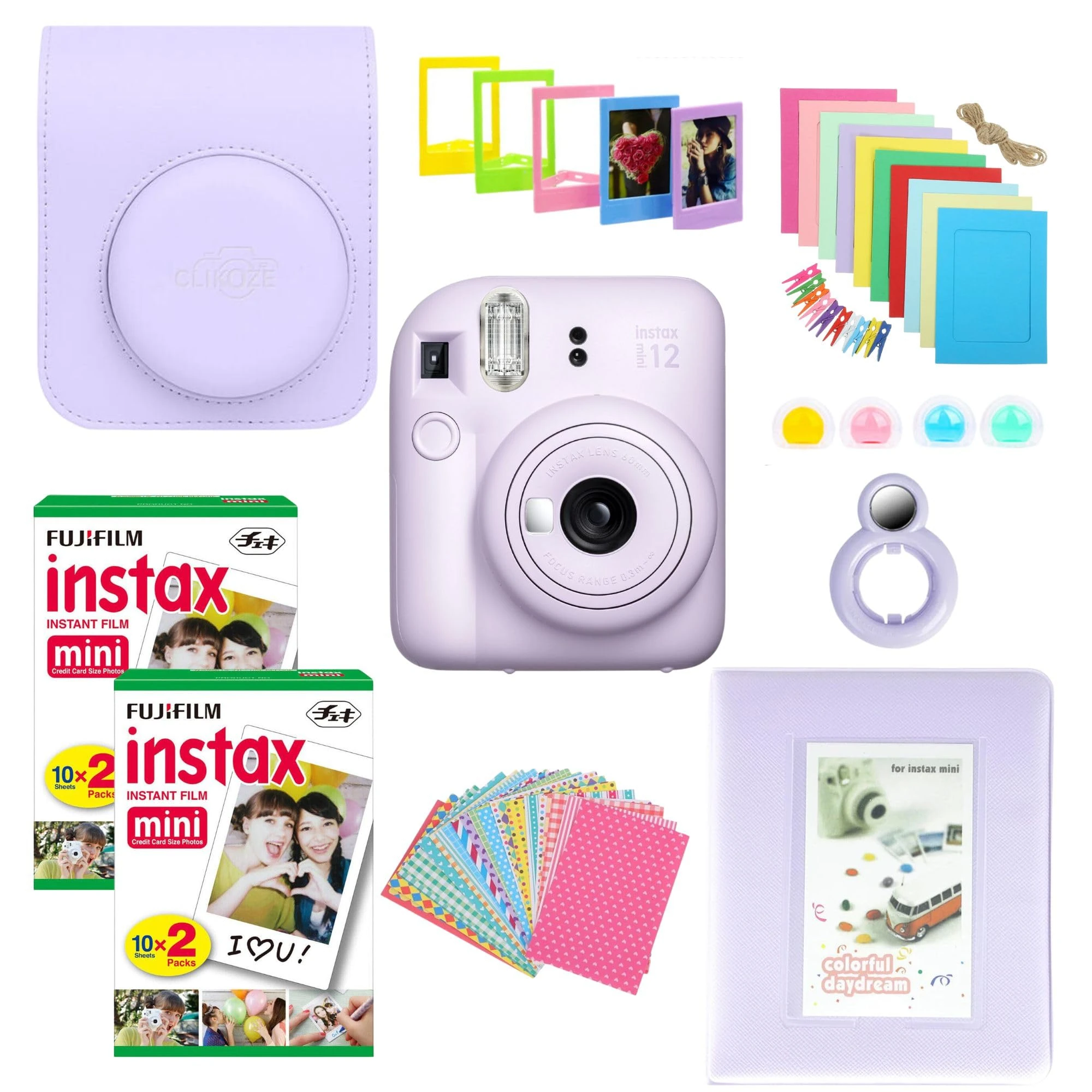 Clikoze Instant Camera Bundle with Fujifilm Mini 12 Lilac Purple Camera, Fujifilm 40 Shot Mini Film, Clikoze Mini 12 Case, Mini Album Book, Film Stickers, Colour Filters and Accessories