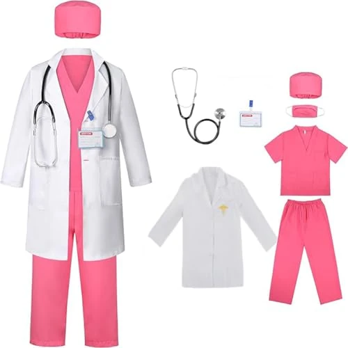 Doctor Costume Kit Pretend Play Dress-Up Set With Scrubs Pants Lab Coat Stethoscope ID Card For Kids Girls 3-10 Years