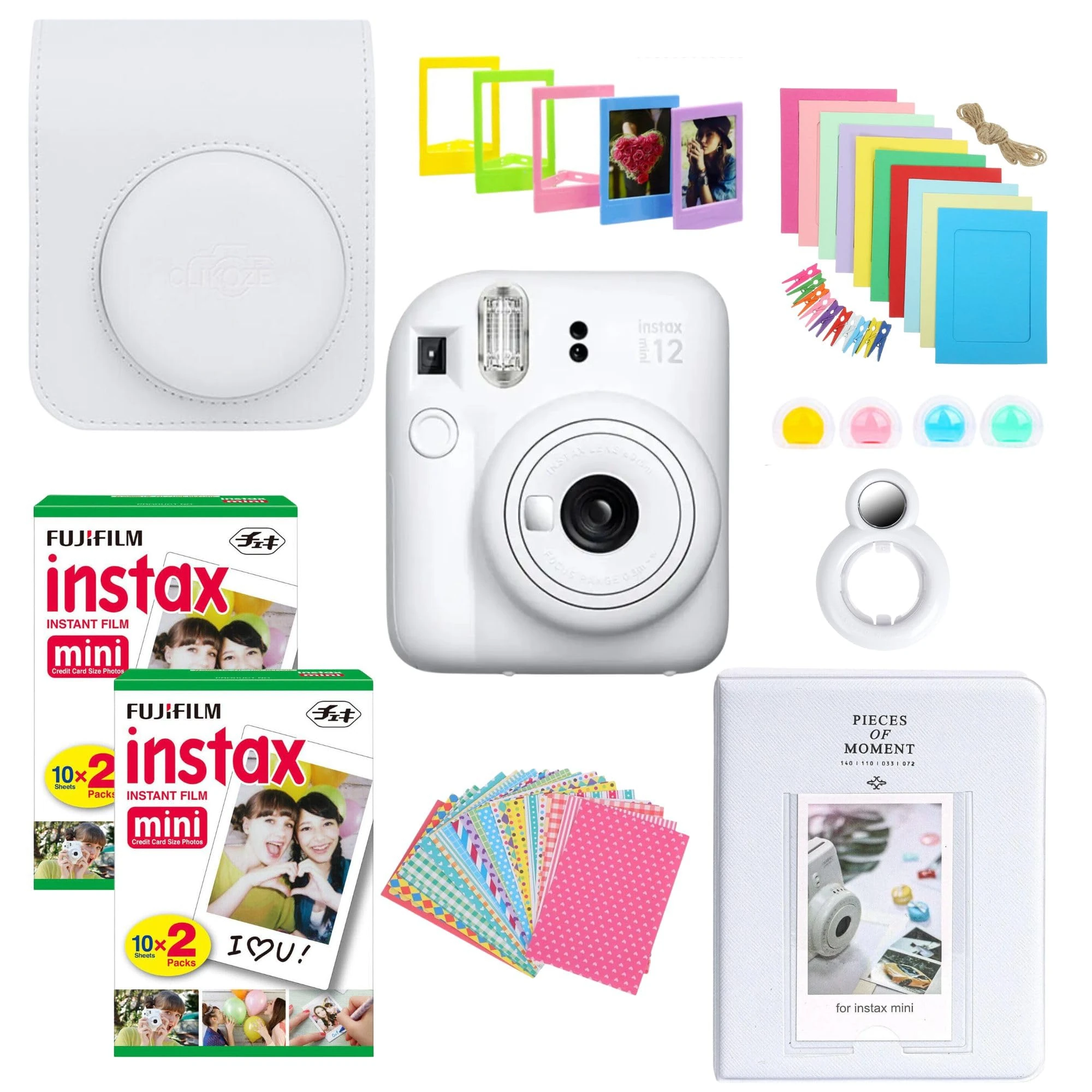 Clikoze Instant Camera Bundle with Fujifilm Mini 12 Clay White Camera, Fujifilm 40 Shot Mini Film, Clikoze Mini 12 Case, Mini Album Book, Film Stickers, Colour Filters and Accessories