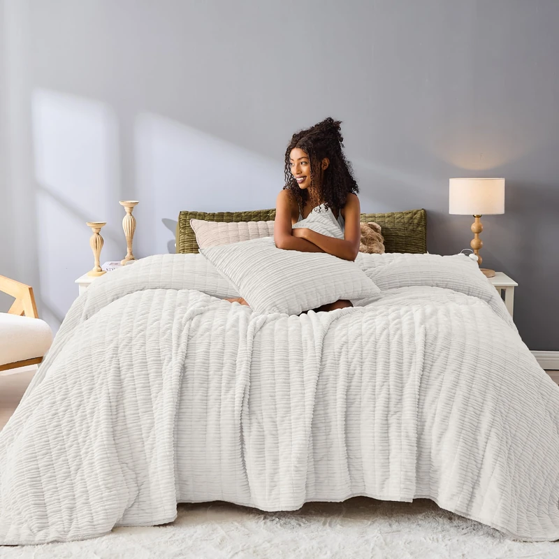 Wonderful Corduroy Texture Ivory Quilt Set Queen - Hypoallergenic Skin-Friendly Soft Plush Velvety Touch Bedspread, Classic Vertical Striped Lightweight Coverlet for All Season, 94"x94"
