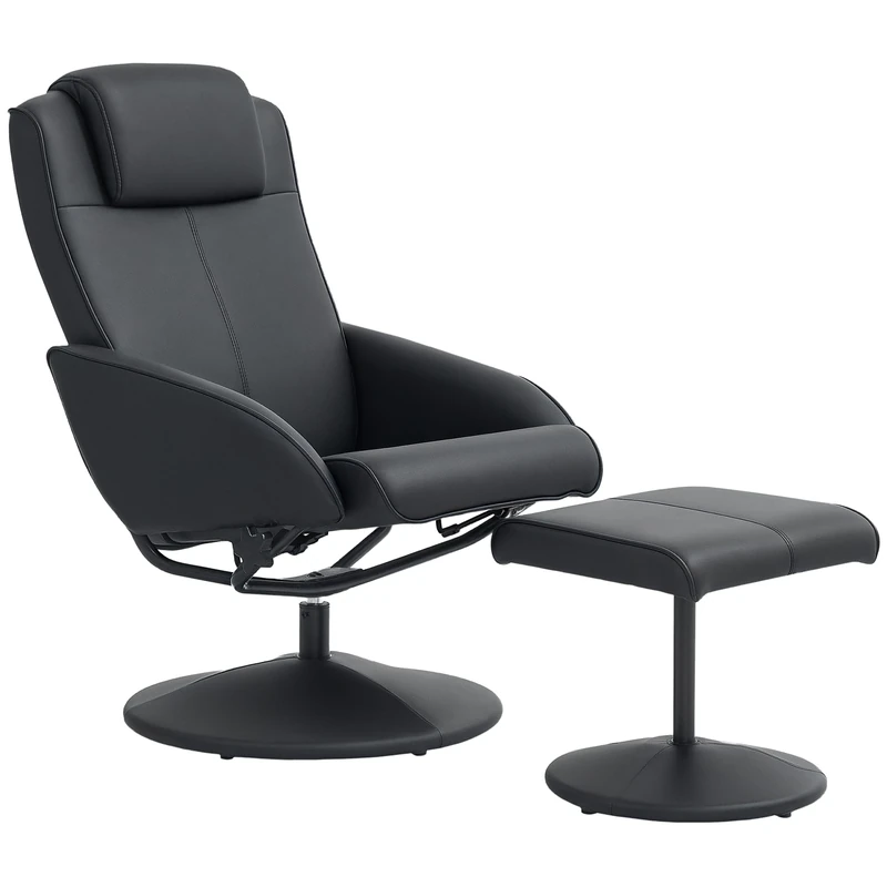HOMCOM Recliner Chair and Footstool, Swivel PU Leather Upholstered Armchair with Footstool and Adjustable Backrest for Living Room, Bedroom, Black